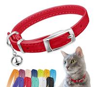 CollarDirect Leather Cat Collar, Cat Safety Collar with Elastic Strap, Kitten Collar for Cat with Bell Black Blue Red Orange Lime Green (Neck Fit 15-18 cm, Red)