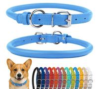 CollarDirect Rolled Leather Dog Collar, Soft Padded Round Puppy Collar, Handmade Genuine Leather Collar Dog Small Large Cat Collars Black Pink Red Purple Blue (Fits 12"-15" Neck, Light Blue)