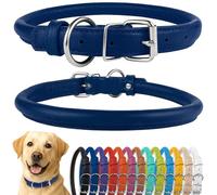 CollarDirect Rolled Leather Dog Collar, Soft Padded Round Puppy Collar, Handmade Genuine Leather Collar Dog Small Large Cat Collars Black Pink Red Purple Blue (Fits 16"-20" Neck, Dark Blue)