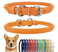 CollarDirect Rolled Leather Dog Collar, Soft Padded Round Puppy Collar, Handmade Genuine Leather Collar Dog Small Large Cat Collars Black Pink Red Purple Blue (Fits 12"-15" Neck, Orange)