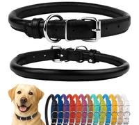 CollarDirect Rolled Leather Dog Collar, Soft Padded Round Puppy Collar, Handmade Genuine Leather Collar Dog Small Large Cat Collars Black Pink Red Purple Blue (Fits 16"-20" Neck, Black)