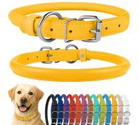 CollarDirect Rolled Leather Dog Collar, Soft Padded Round Puppy Collar, Handmade Genuine Leather Collar Dog Small Large Cat Collars Black Pink Red Purple Blue (Fits 16"-20" Neck, Yellow)