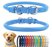CollarDirect Rolled Leather Dog Collar, Soft Padded Round Puppy Collar, Handmade Genuine Leather Collar Dog Small Large Cat Collars Black Pink Red Purple Blue (Fits 20"-23" Neck, Light Blue)