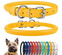 CollarDirect Rolled Leather Dog Collar, Soft Padded Round Puppy Collar, Handmade Genuine Leather Collar Dog Small Large Cat Collars Black Pink Red Purple Blue (Fits 7"-9" Neck, Yellow)