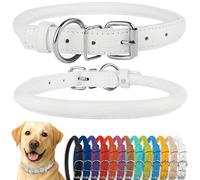 CollarDirect Rolled Leather Dog Collar, Soft Padded Round Puppy Collar, Handmade Genuine Leather Collar Dog Small Large Cat Collars Black Pink Red Purple Blue (White, 48-53 cm)
