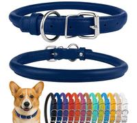 CollarDirect Rolled Leather Dog Collar, Soft Padded Round Puppy Collar, Handmade Genuine Leather Collar Dog Small Large Cat Collars Black Pink Red Purple Blue (Dark Blue, 35-40 cm)
