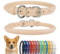 CollarDirect Rolled Leather Dog Collar, Soft Padded Round Puppy Collar, Handmade Genuine Leather Collar Dog Small Large Cat Collars Black Pink Red Purple Blue (Fits 12"-15" Neck, Beige)
