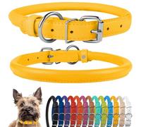 CollarDirect Rolled Leather Dog Collar, Soft Padded Round Puppy Collar, Handmade Genuine Leather Collar Dog Small Large Cat Collars Black Pink Red Purple Blue (Yellow, 23-28 cm)
