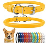 CollarDirect Rolled Leather Dog Collar, Soft Padded Round Puppy Collar, Handmade Genuine Leather Collar Dog Small Large Cat Collars Black Pink Red Purple Blue (Fits 12"-15" Neck, Yellow)