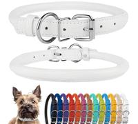 CollarDirect Rolled Leather Dog Collar, Soft Padded Round Puppy Collar, Handmade Genuine Leather Collar Dog Small Large Cat Collars Black Pink Red Purple Blue (Fits 9"-12" Neck, White)