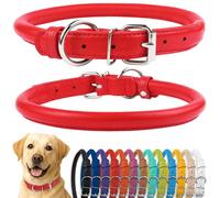 CollarDirect Rolled Leather Dog Collar, Soft Padded Round Puppy Collar, Handmade Genuine Leather Collar Dog Small Large Cat Collars Black Pink Red Purple Blue (Fits 16"-20" Neck, Red)