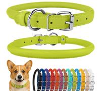 CollarDirect Rolled Leather Dog Collar, Soft Padded Round Puppy Collar, Handmade Genuine Leather Collar Dog Small Large Cat Collars Black Pink Red Purple Blue (Fits 15"-18" Neck, Lime Green)