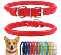 CollarDirect Rolled Leather Dog Collar, Soft Padded Round Puppy Collar, Handmade Genuine Leather Collar Dog Small Large Cat Collars Black Pink Red Purple Blue (Fits 15"-18" Neck, Red)
