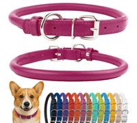 CollarDirect Rolled Leather Dog Collar, Soft Padded Round Puppy Collar, Handmade Genuine Leather Collar Dog Small Large Cat Collars Black Pink Red Purple Blue (Fits 15"-18" Neck, Pink)