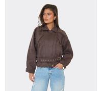 Collared Belt Zip Detail Jacket In Chocolate Brown Faux Suede, Women's Size UK Medium M