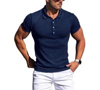 Collared Muscle Polo Shirts Men Slim Fit Textured Knit Polo Shirts Short Sleeve Button Down Shirts Casual Stylish, Navy, Large