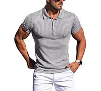 Collared Muscle Polo Shirts Men Slim Fit Textured Knit Polo Shirts Short Sleeve Button Down Shirts Casual Stylish, Light Grey, Medium