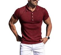 Collared Muscle Polo Shirts Men Slim Fit Textured Knit Polo Shirts Short Sleeve Button Down Shirts Casual Stylish, Wine Red, Medium