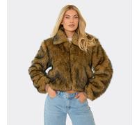 Collared Zip Up Jacket In Brown Faux Fur, Women's Size UK S