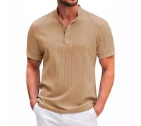 Collarless Shirts for Men Short Sleeve Loose Fit Casual Cotton Linen Henley Tshirts Breathable Button Up Beach Vacation Summer Business Tees Running Lightweight Sports Big and Tall Tops Khaki
