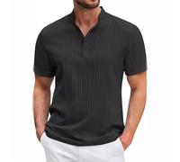 Collarless Shirts for Men Short Sleeve Loose Fit Casual Cotton Linen Henley Tshirts Breathable Button Up Beach Vacation Summer Business Tees Running Lightweight Sports Big and Tall Tops Black