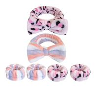 COLLBATH 2 Sets Bow Design Face Wash Headband and Wrist for Women Soft Cloth Spa Makeup Hairband and Absorbent Wristbands Keep Hair and Arms Dry During Facial Care and Washing Pink Leopard