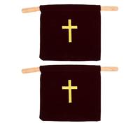 COLLBATH 2pcs Church Tithe Offering Bags with Embroidered Cross, Velvet Religious Donation Pouches with Wooden Handles, 17x10" Burgundy Collection Bags for Communion and Church Services
