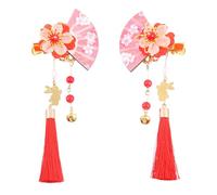 COLLBATH 2pcs Japanese Style Fan Shape Hair Clip for Women Red Floral Barrette with Beads and Tassel Lightweight Durable Headdress for Parties Weddings Carnivals Masquerade Balls