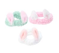 COLLBATH 3pcs Plush Rabbit Ear Headbands with Elastic Bowknot for Women Soft Fabric Washing Face Spa Makeup Hair Bands Blue White Pink