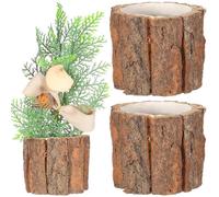 COLLBATH 3Pcs Rustic Waterproof Wood Bark Flower Buckets 9X8Cm, Natural Wooden Planters for Succulents and Home Garden Decoration, Country Style Flower Pots Set