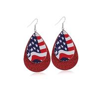 COLLBATH 4 Pairs Double Layer Waterdrop Shape Earrings with Independence Day Flag Design PU Leather Pentagram Dangler Jewelry for Women and Random Pattern Earbobs