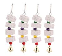 COLLBATH 4pcs Parrot Beak Grinding Stone with Bell and Colorful Beads for Birds Small Animal Chewing Natural Stone for African Grey Budgies Cockatiels and Squirrels Teeth Maintenance