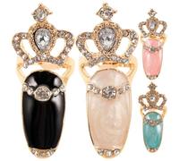 COLLBATH 4Pcs Rhinestone Nail Rings Set for Women Luxury Crown Knuckle Nail Art Charms in White Blue Black Pink Decorative Fingernail Accessories for DIY Design