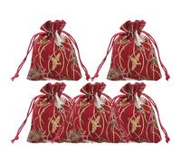 COLLBATH 5pcs Japanese-style Drawstring Makeup Brush Storage Bags Gold Crane Pattern, 10x13cm Small Red Fabric Pouches for Jewelry and Travel Organizer