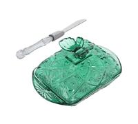 COLLBATH Airtight Glass Butter Dish with Lid and Knife Versatile Green Vintage Butter Tray for Fridge Storage and Countertop Display Elegant Cake and Cheese Platter for Parties and Special