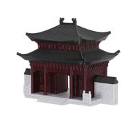 COLLBATH Asian Style Miniature Pavilion Decor with Antique Blue Tiles and Red Columns, Plastic Micro Landscape Sculpture for Home and Workspace, Flexible Placement Bonsai Accessories