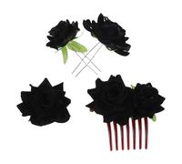 COLLBATH Black Rose Wedding Hair Clip Set 4 Pieces - Fabric Floral Side Comb, 2 U-Shaped Hairpins Brooch - Bridal Hair Accessories for Women Party Festival