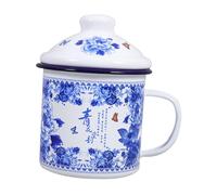 COLLBATH Enamel Chinese Tea Cup with Lid Lightweight Tea Mug for Home Office Travel Elegant Blue and White Porcelain Design