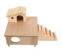 COLLBATH Hamster Wooden Hideout House Ladder Hamster Nest and Playground Platform for Small Animals Forest Style 2-room Pet Hideaway for Guinea Pigs and