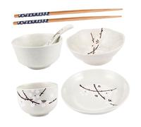 COLLBATH Japanese Style Ceramic Dinnerware for Single Household Tableware with Bowl Plate Saucer Cup Spoon Chopsticks Plum Blossom Pattern Easy to Clean and Safe for Daily Use