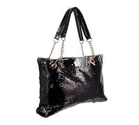 COLLBATH Large Capacity Sequin Tote Bag with Chain Strap Black Glitter Handbag Reversible Two-tone Zipper Shoulder Purse for Women Daily Travel Shopping