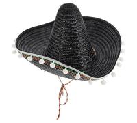 COLLBATH Mexican Straw Sombrero Hat with Pompom Accents Black Beach Party Accessory for Cinco De Mayo and Woven Design for Costume and Carnival Events