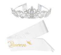 COLLBATH Prom Queen Crown and Sash Set with Aristocratic Style and Sparkling Details for Special Occasions and Costume Parties, Made of Sturdy Alloy and Fabric
