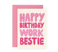 Colleague Birthday Card - 'Happy Birthday Work Bestie' - Pink Polka Dot Letters - Fun Office Greeting for Coworker, Team member, Manager, Work Friend, Her, Women - Includes Fun Stickers
