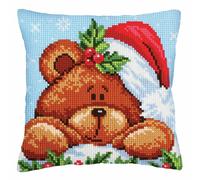Collection d'Art 5240 Christmas with a Teddy Bear Cross Stitch Cushion, Cotton, Multi-Colour, 40 x 40 cm