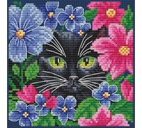 Collection D'Art Counted Cross Stitch Kit, Cat Among Flowers, Blue Aida 14ct, DMC Thread, 12.5x12.5cm, Digital Chart, BC8132