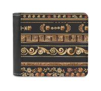Collections of Old Greek Ornaments Golden Antique Borders Dark Men's Bifold Wallet Slim Cash Card Holder Leather Purse