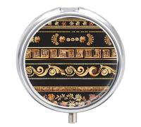 Collections of Old Greek Ornaments Golden Antique Borders Dark Pill Box 3 Compartment Small Portable Medicine Case Pill Organizer for Pocket Purse