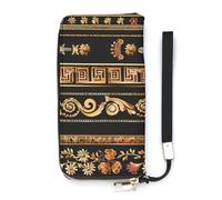 Collections of Old Greek Ornaments Golden Antique Borders Dark Slim Wallet for Women Long Purse Cute Clutch Wristlet Handbag Card Holders