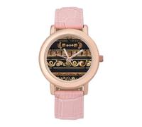 Collections of Old Greek Ornaments Golden Antique Borders Dark Womens Elegant Watch Analogue Quartz Watch Leather Band Wristwatch